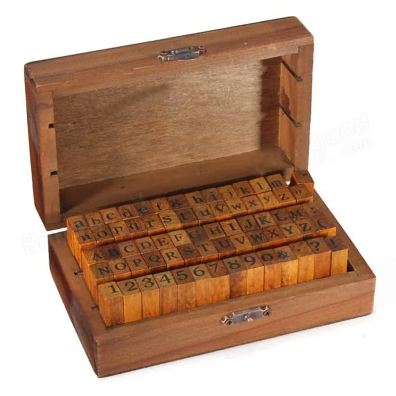 SZTARA 70pcs/Set Vintage Wooden Rubber Alphabet Letters Number Stamps with Box 